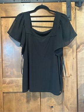 Calvin Klein Black Square-Neck Flutter Sleeve Blouse